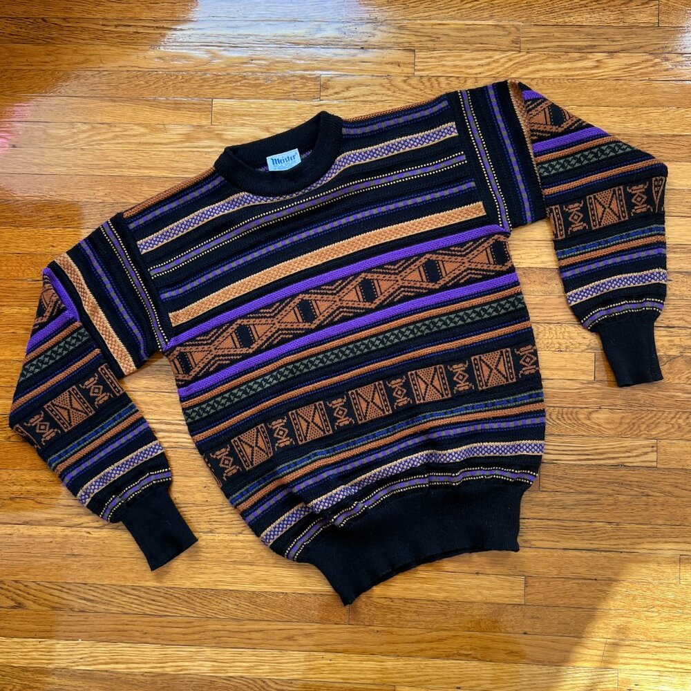 Vintage 80s Meister Wool-Blend Geometric Black Knit Ski Sweater - Men's Small